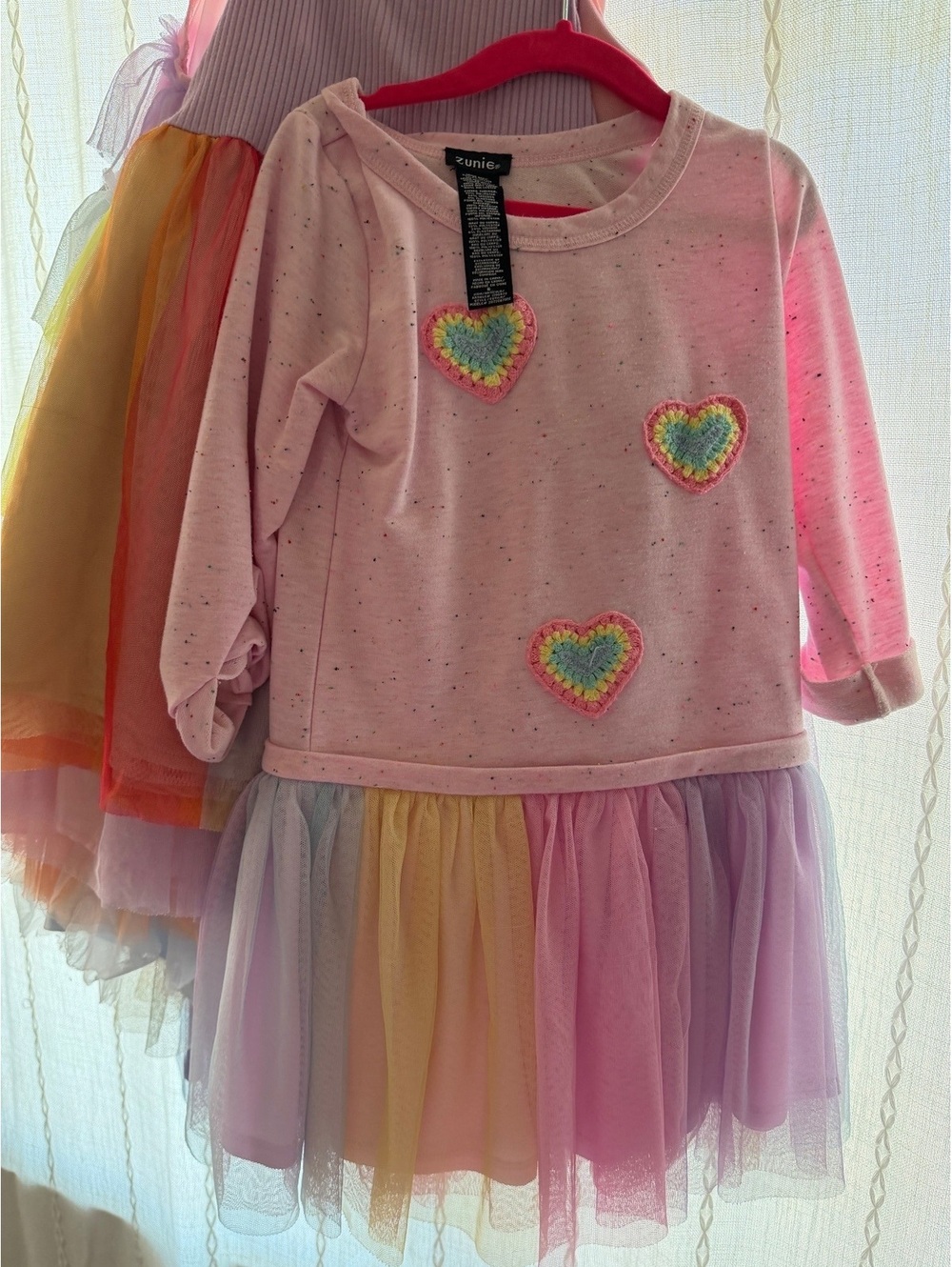 Zunie Girls Pink Long Sleeve Dress with Rainbow Hearts and Tulle Skirt